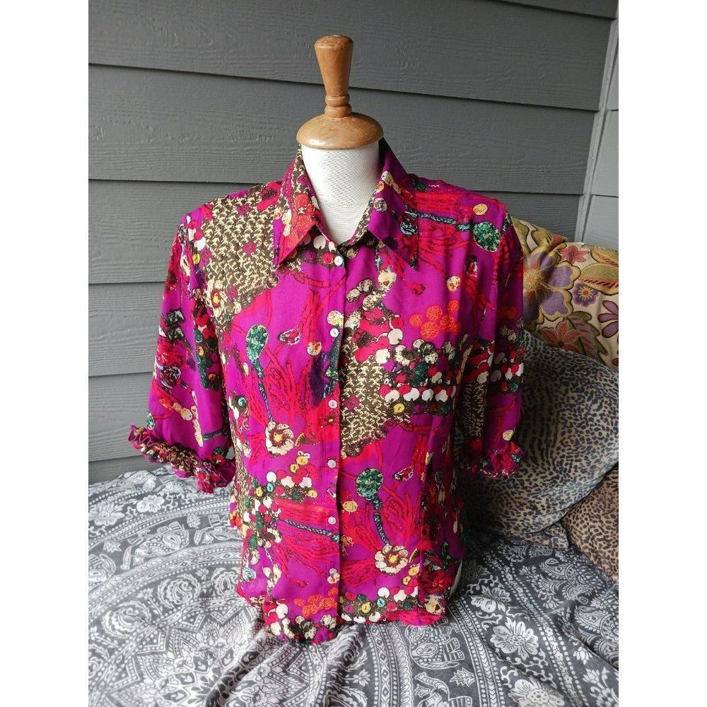Le Caviar beautiful colorful lightweight button front blouse ladies medium